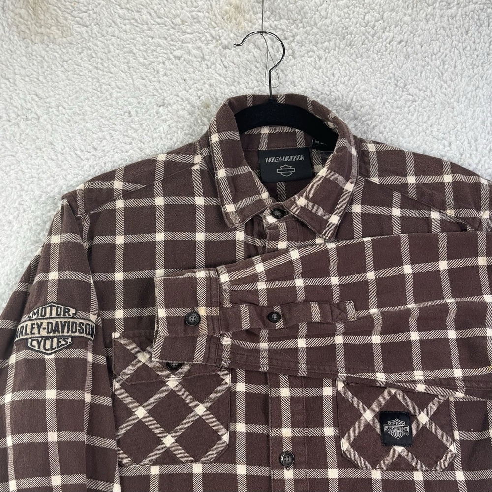 Harley Davidson Mens Button Up Plaid Moto Flannel Shirt Brown Sz Large 23x29.5